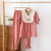 Yarn-dyed lace short-sleeved shirts and long pants for women's spring and summer underwear and home wear, all-cotton thin home pajama set Application Scenario